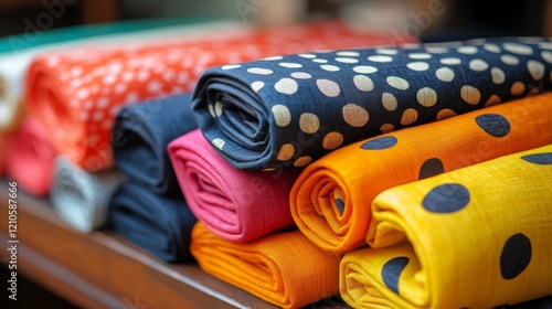 Colorful textiles arranged neatly in a cozy indoor setting showcasing vibrant...
