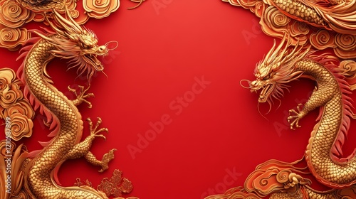 Wallpaper Mural Celebrating Chinese New Year with vibrant dragon and phoenix motifs against a red background Torontodigital.ca