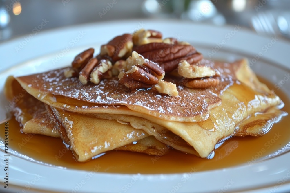 Delicious sweet potato pancakes topped with nuts and syrup on a rustic plate Delicious sweet potato pancakes topped with nuts and syrup on a rustic plate