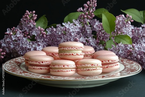Delightful pink macarons arranged on a decorative plate with lilac flowers in...
