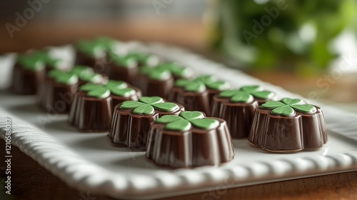Delightful green and brown chocolates shaped like clovers arranged on a tray ...
