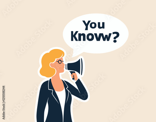 Did you know, fun fact, idea or advice message, useful knowledge or wisdom, expert information, explanation or solution, useful tips concept, woman talk on megaphone on did you know speech bubble.