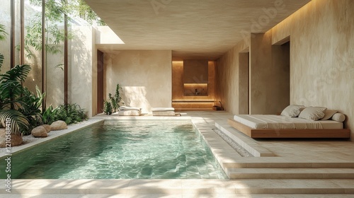 Elegant indoor pool area surrounded by natural light and greenery in a modern...