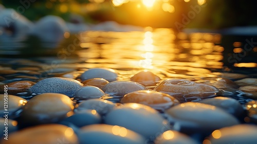 Tranquil pathway of stones across a peaceful stream at sunset in a natural se...