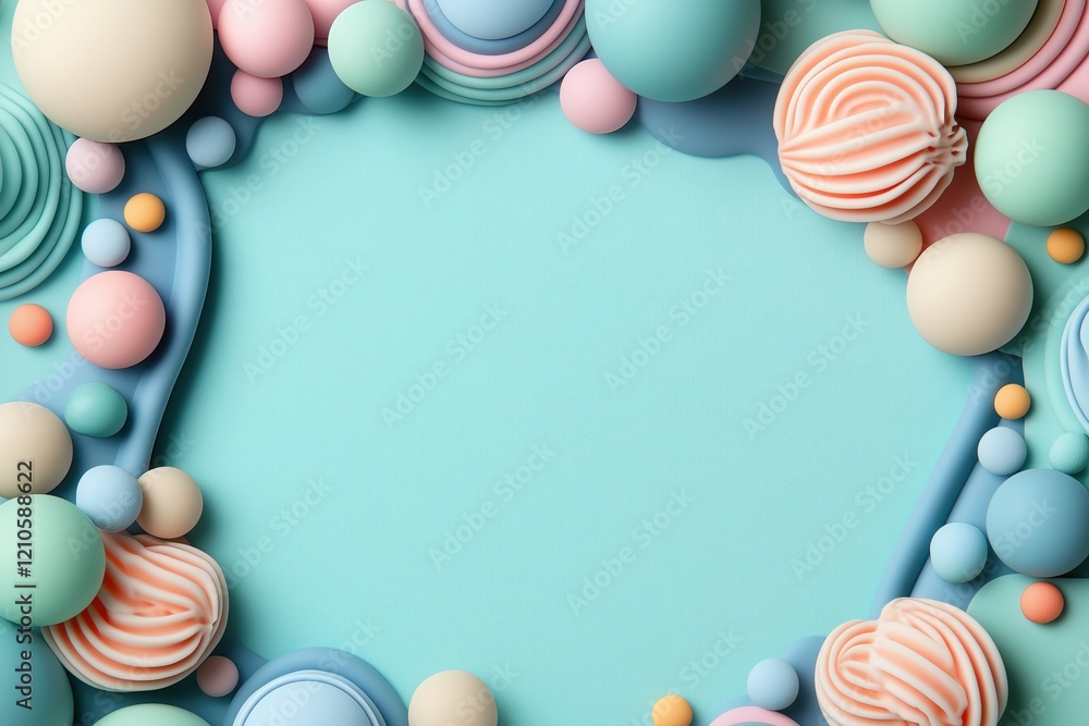 Playful composition of pastel-colored spheres arranged on a light blue background with copy space. Concept of fun design and artistic decoration Playful composition of pastel-colored spheres arranged on a light blue background with copy space. Concept of fun design and artistic decoration