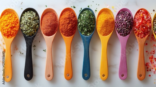 Various spices displayed in measuring spoons on a marble kitchen countertop