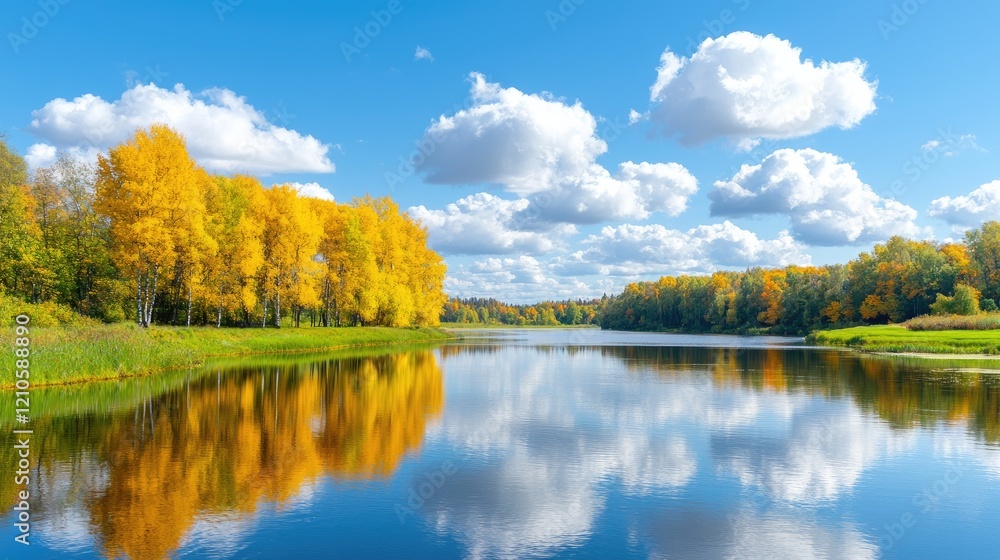 Golden autumn trees reflected in calm lake under a bright blue sky with fluffy clouds; ideal for nature calendar or postcard Golden autumn trees reflected in calm lake under a bright blue sky with fluffy clouds; ideal for nature calendar or postcard