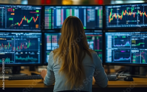 Woman trader analyzing stock market data on multiple monitors.
