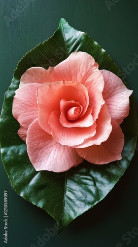 Beautiful pink rose with green leaves surrounded by dark foliage in a detaile...
