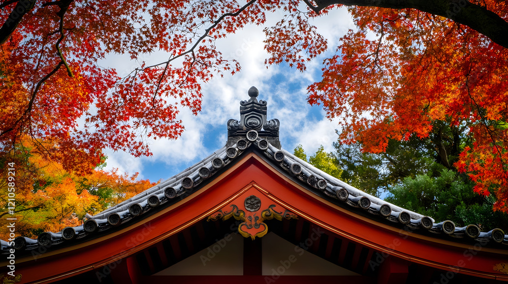 Autumn Foliage Over Traditional Japanese Temple Roof with Blue Sky Background : Generative AI