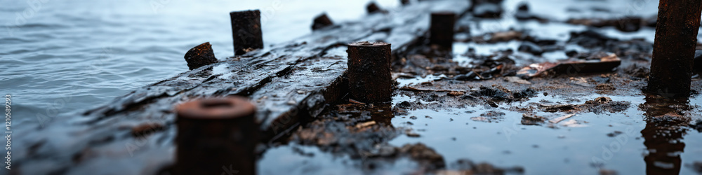 Fototapeta premium Submerged Decaying Wooden Structure with Rusty Metal Fasteners