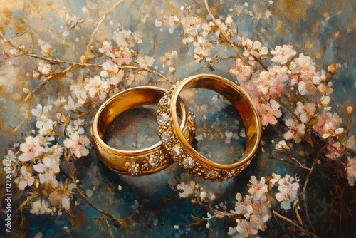 Golden wedding rings adorned by blooming flowers on a tranquil background