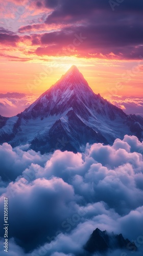 Majestic mountain peak rising above clouds with vibrant sunset hues in the ba...