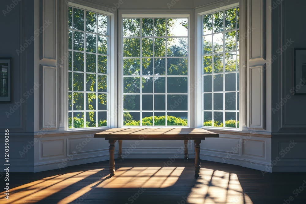 Fototapeta premium A serene dining room with sunlight pouring through a large bay window, casting sharp shadows on the table