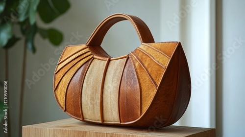 Elegant leather handbag with unique design displayed on a wooden stand in a b...