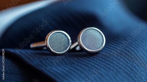 Elegant silver cufflinks resting on a textured fabric with a subtle plaid pat...