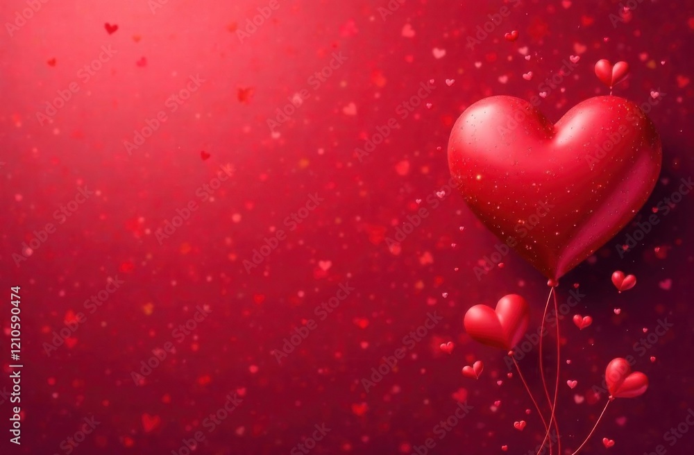 Shiny red heart balloon surrounded by floating hearts on a glowing red background Shiny red heart balloon surrounded by floating hearts on a glowing red background