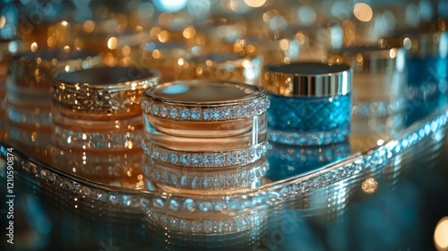 Decorative jewelry boxes arranged attractively on a shimmering reflective sur...