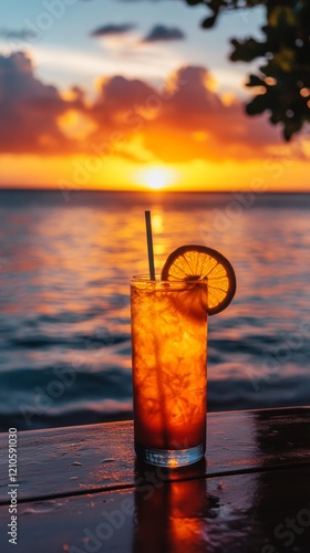 Refreshing sunset cocktail by the beach with vibrant flowers at golden hour