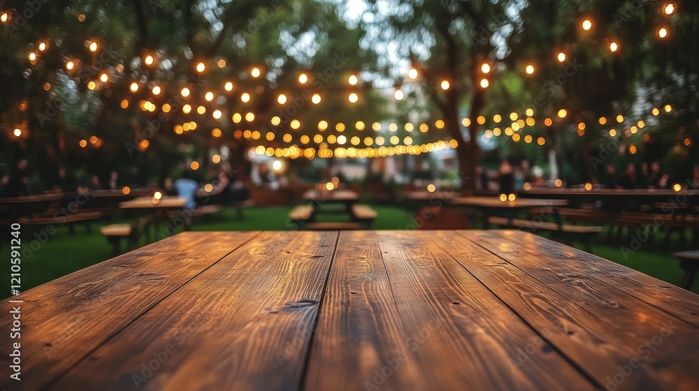 Empty wooden table, garden party, evening lights Empty wooden table, garden party, evening lights