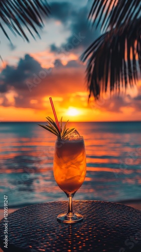 Refreshing sunset cocktail by the beach with vibrant flowers at golden hour