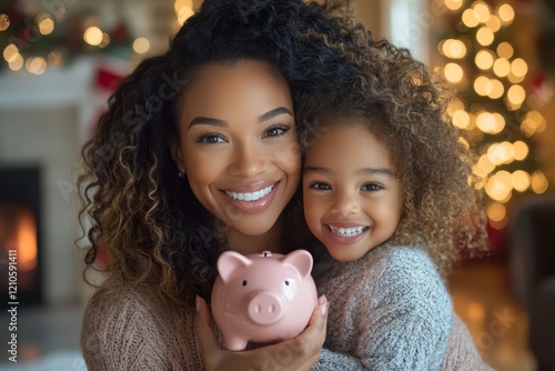 Family bonding moment with a mother and daughter holding a piggy bank during ...