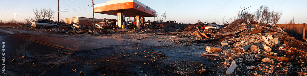 Fototapeta premium Gas Station and Surrounding Structures After Fire Damage