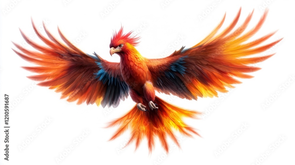 Obraz premium Phoenix Immortal Fire Bird Flying in a White Background. Generative AI