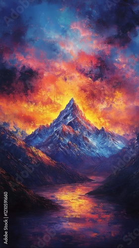 Majestic mountain peak illuminated by vibrant sunset colors over calm river