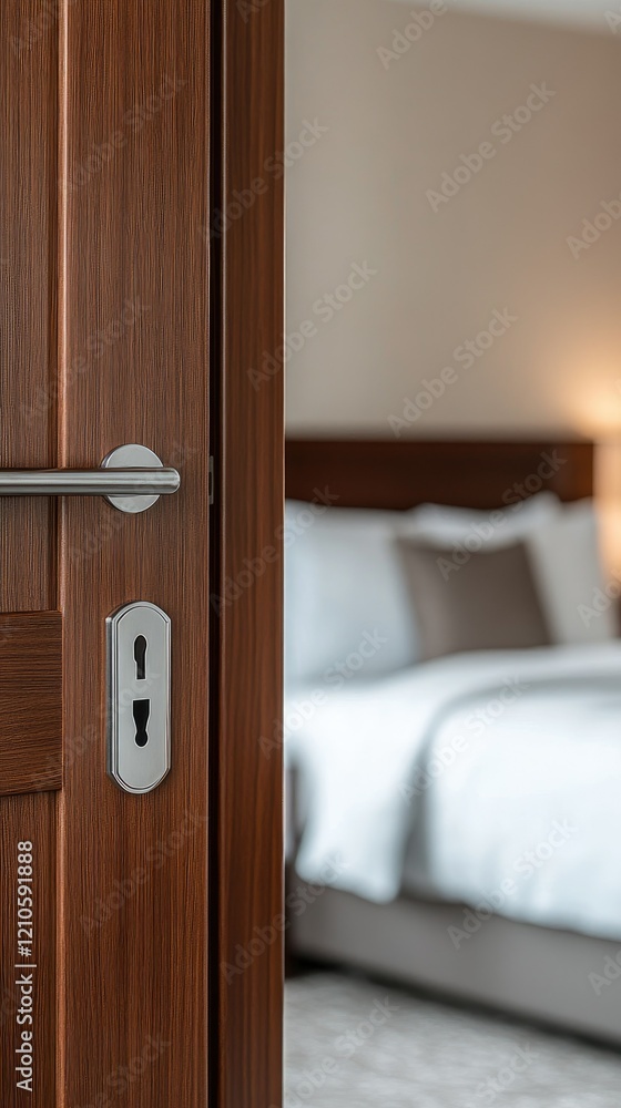 Obraz premium The entrance to a contemporary hotel room features a sleek wooden door, complemented by soft, warm lighting that fills the space, creating a welcoming atmosphere during the evening hours