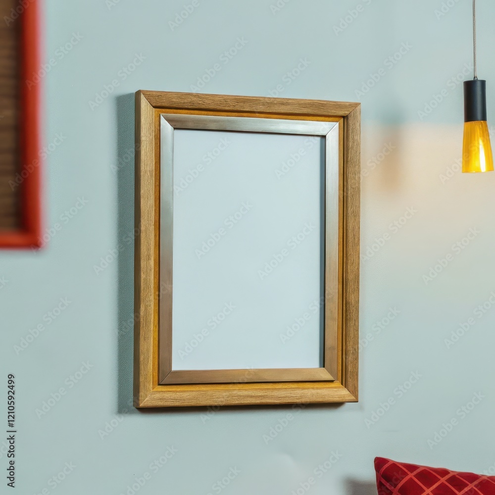Minimalist room with wooden frame mirror and modern lighting fixture Minimalist room with wooden frame mirror and modern lighting fixture