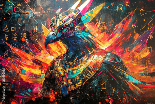 Abstract depiction of Horus, the ancient Egyptian falcon-headed god, surrounded by vibrant hieroglyphic symbols and fiery, radiant energ photo