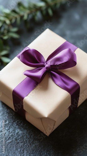 Beautifully wrapped gift with purple ribbon on a soft background