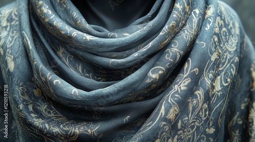 Elegant black fabric with intricate silver floral embroidery on display durin...