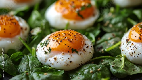 Freshly cooked egg on a bed of spinach with seasoning placed on a rustic plate