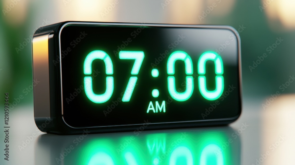 Sleek digital alarm clock displaying 07:00 AM with glowing neon green numbers and polished black frame in a modern setting Sleek digital alarm clock displaying 07:00 AM with glowing neon green numbers and polished black frame in a modern setting