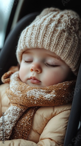 Sweet baby relaxed in a car seat wearing a cozy hat and scarf during a chilly...