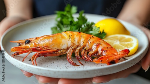 Fresh shrimp served on a plate with lemon and garnished vegetables in a moder...