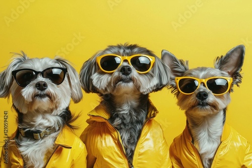 Three fashionable dogs with sunglasses and yellow jackets, standing confidently against a bold, vibrant yellow background.