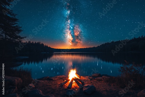 Starry night sky over a tranquil lake with a campfire in the foreground