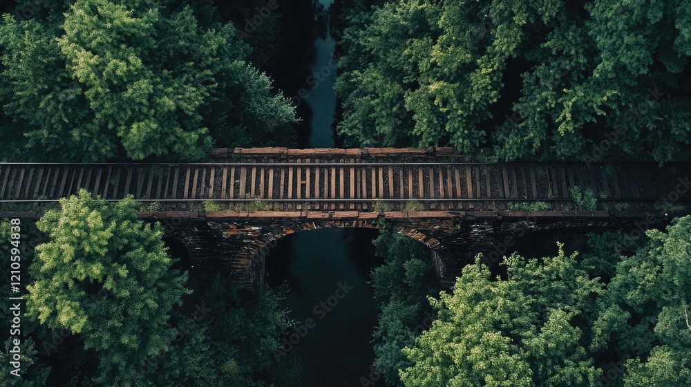 Rustic wooden trestle bridge in forest over a creek, with tracks disappearing into the woods. It suggests abandonment and history. Rustic wooden trestle bridge in forest over a creek, with tracks disappearing into the woods. It suggests abandonment and history.