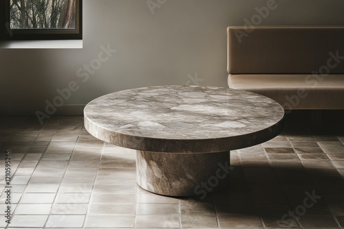 Modern round marble table showcased in minimalist living room setting with na...