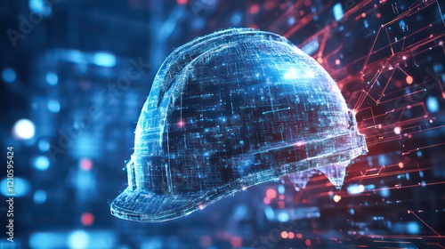 Digital holographic hard hat, futuristic construction safety.