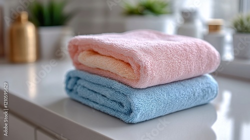 Brightly colored towels stacked with a fresh green plant on top in a sunny ki...