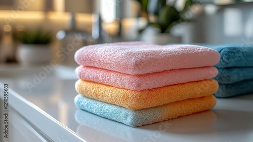 Brightly colored towels stacked with a fresh green plant on top in a sunny ki...