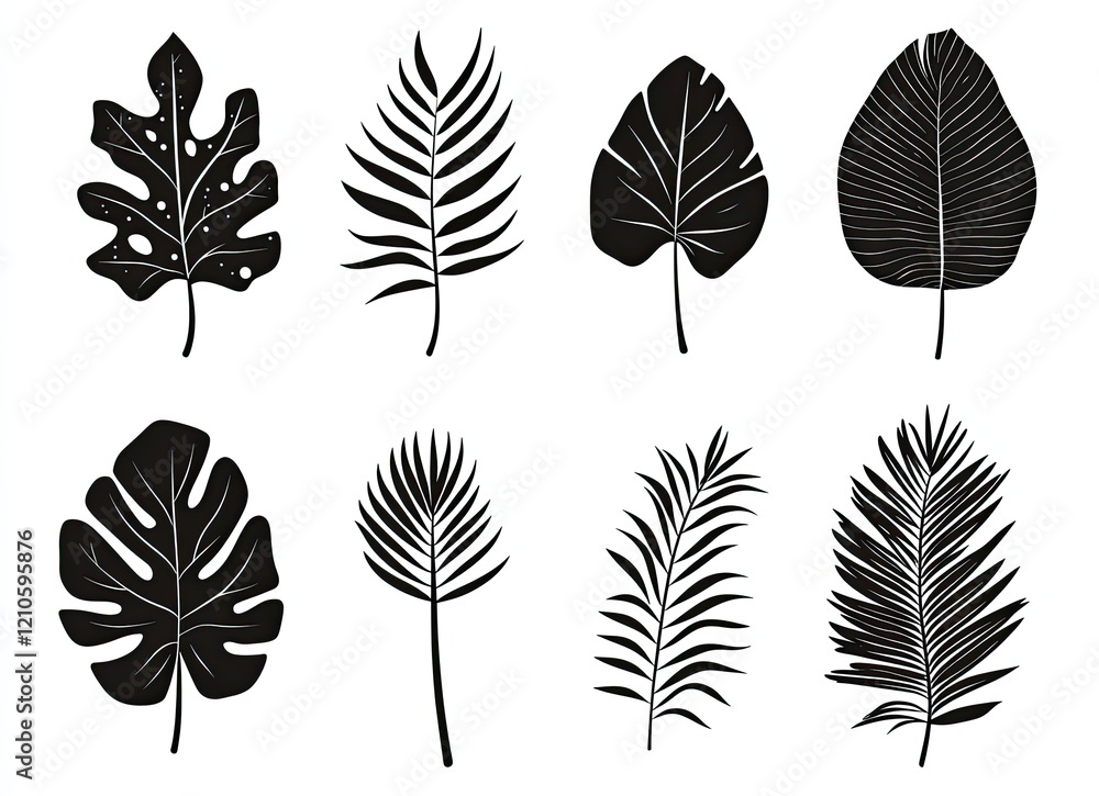 Fototapeta premium Beautiful Palm Tree Leaf Set Silhouette Vector Illustration, Tropical Nature-Inspired Design on a Clean Background for Creative Projects