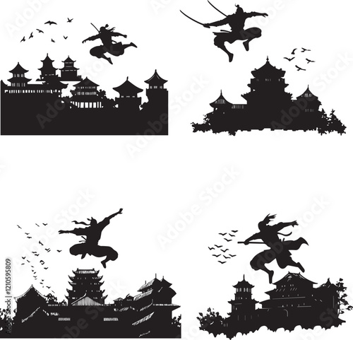 Ninja Soaring through Air perfectly Silhouette vector