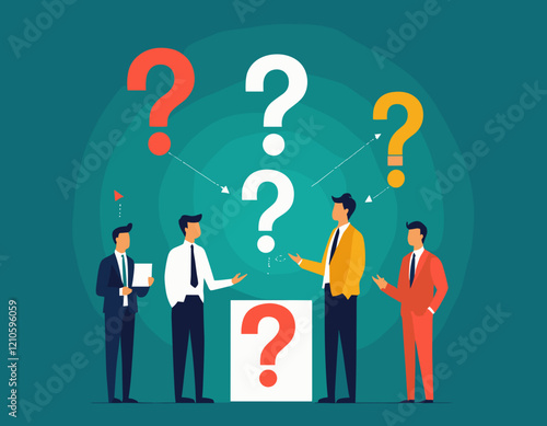 Question answer, advice or suggestion, solving problem with solution, q and a or faq, quiz or solution discovery, information guidance concept, businessman offer solution for people question marks.