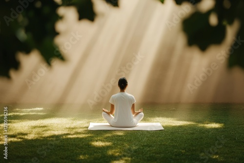 Serene Sunrise Yoga in Nature Woman in Meditation on Grass Mat - Wellness Retreat Content and Stress Relief Marketing photo