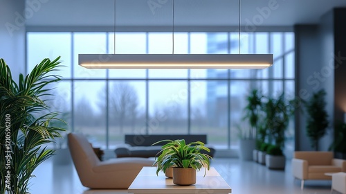 Modern indoor space featuring a sleek light fixture and vibrant greenery duri...